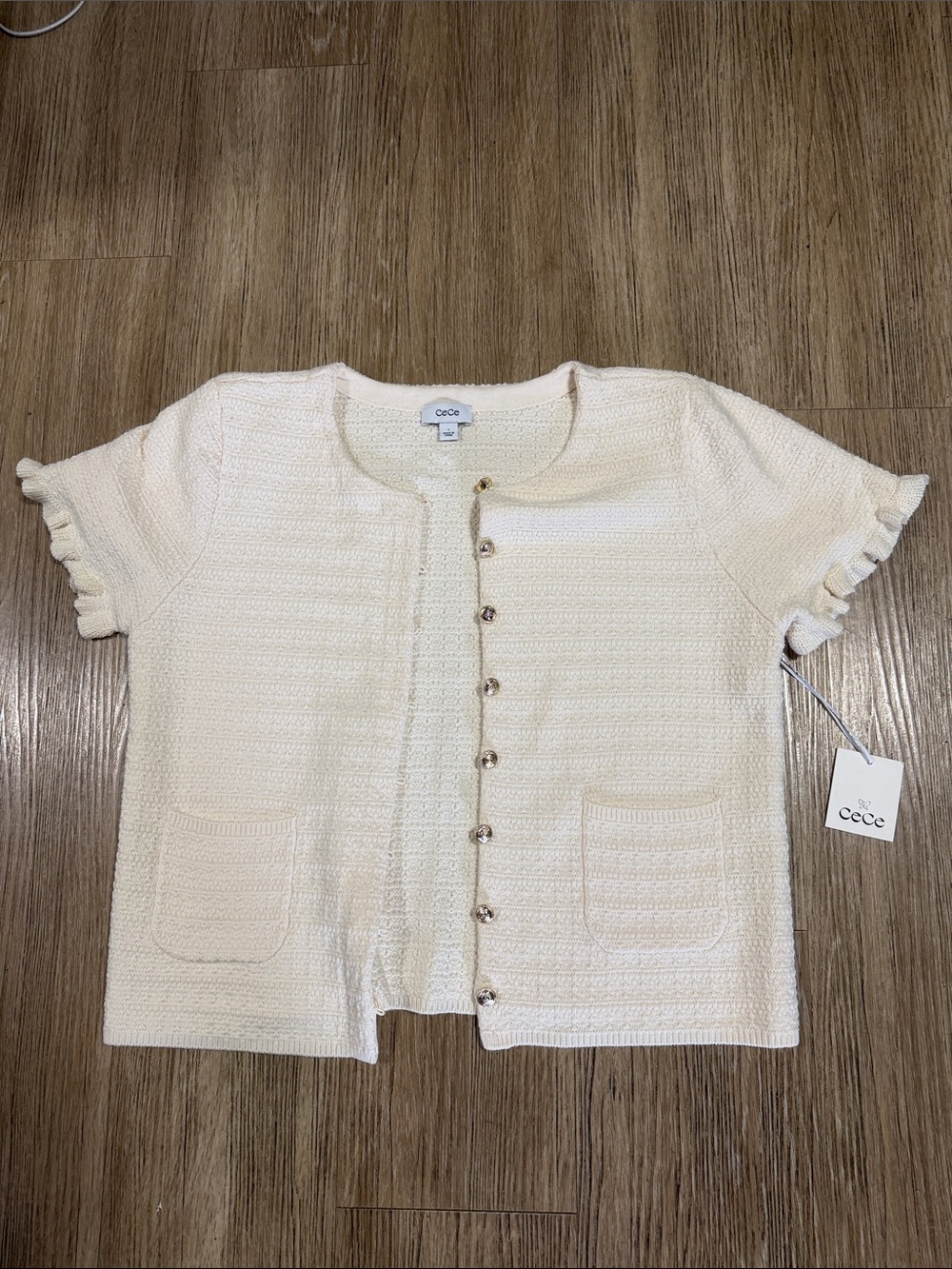CeCe Cream Short-Sleeve Ruffle-Trim Cardigan L